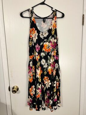Agnes & Dora Black Midi Dress with Orange, Pink & Cream Floral Print
